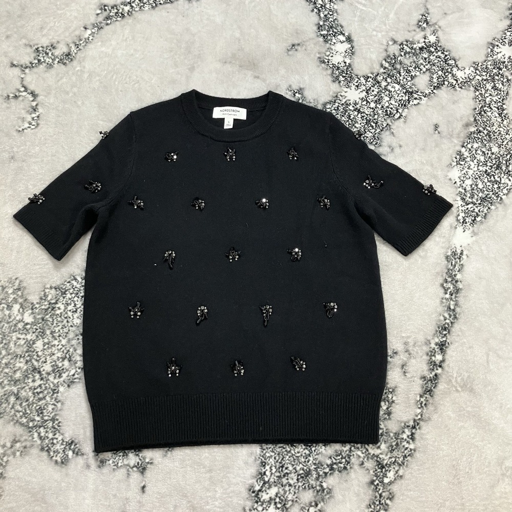 Nordstrom Collection Cashmere Wool Beaded Short Sleeve Sweater Black Size S